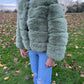 Luxury sage green 3/4 sleeve faux fur coat