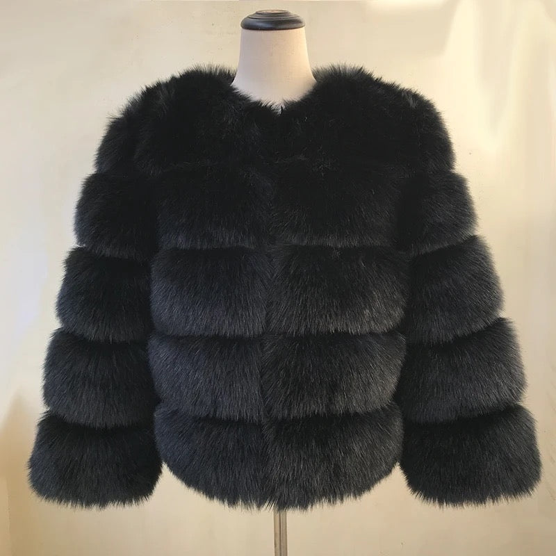 Black faux fur 3/4 sleeve coat