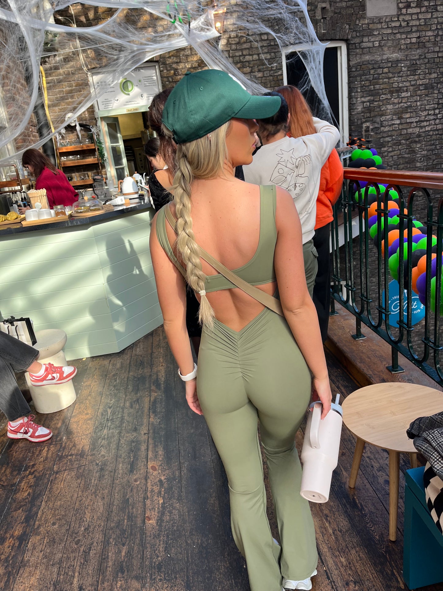 Khaki cut out back ruched push-up jumpsuit