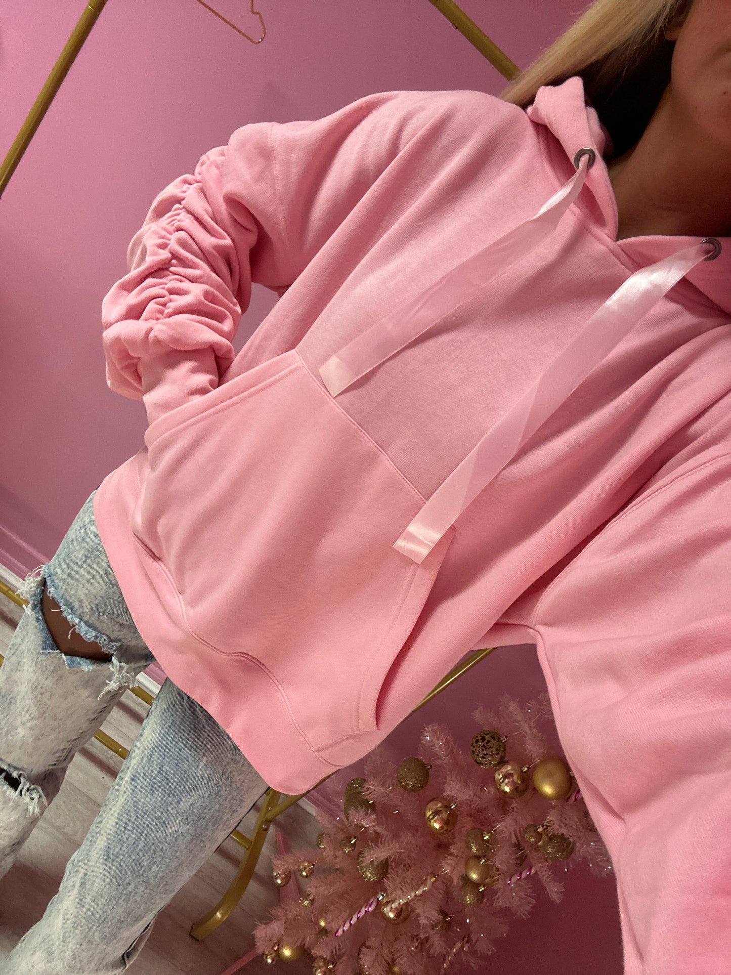 Pink ruched sleeve ribbon hoodie