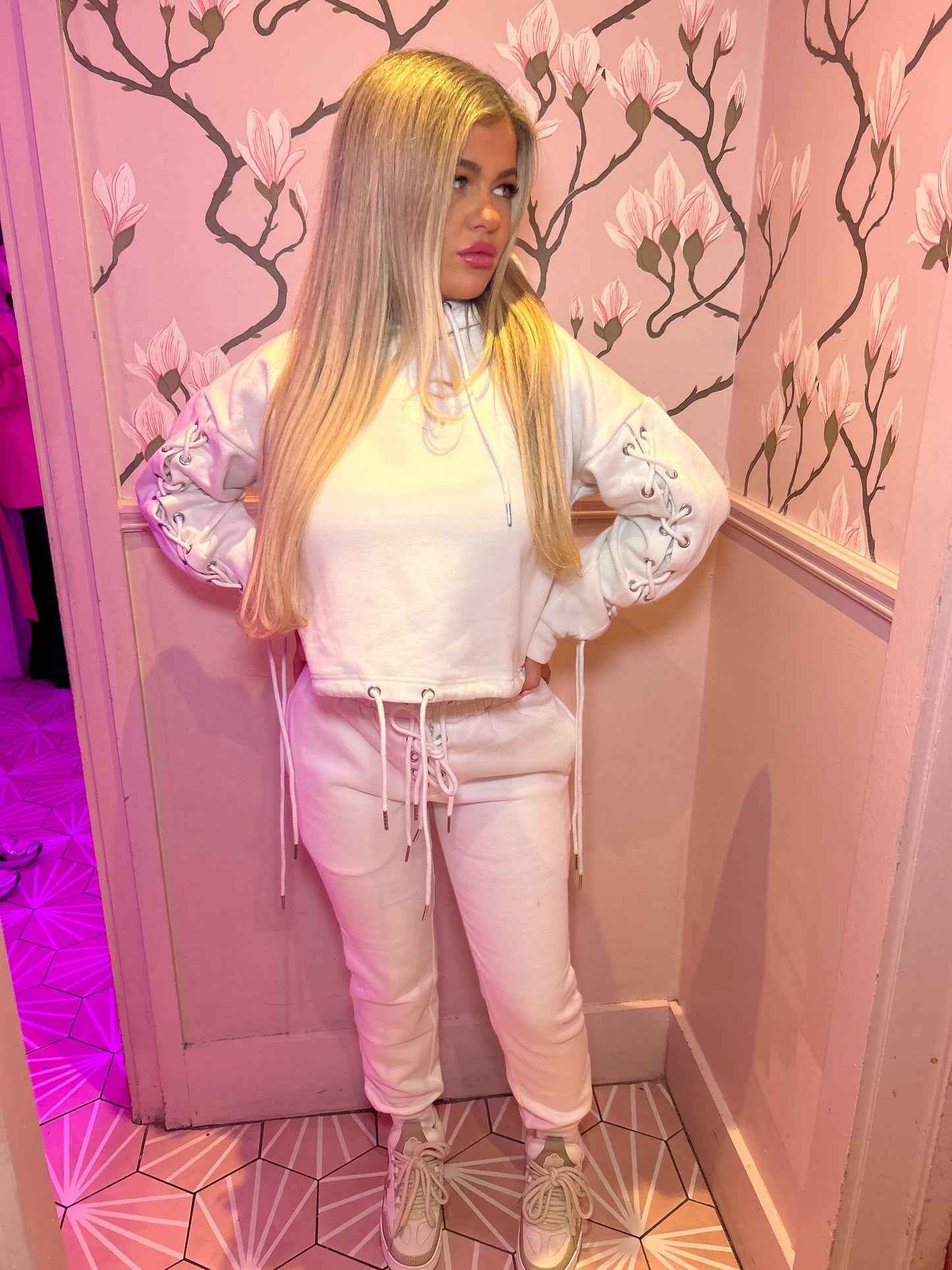 Off white Eyelet Lace Up Detail Hoodie & Jogger Fleece tracksuit