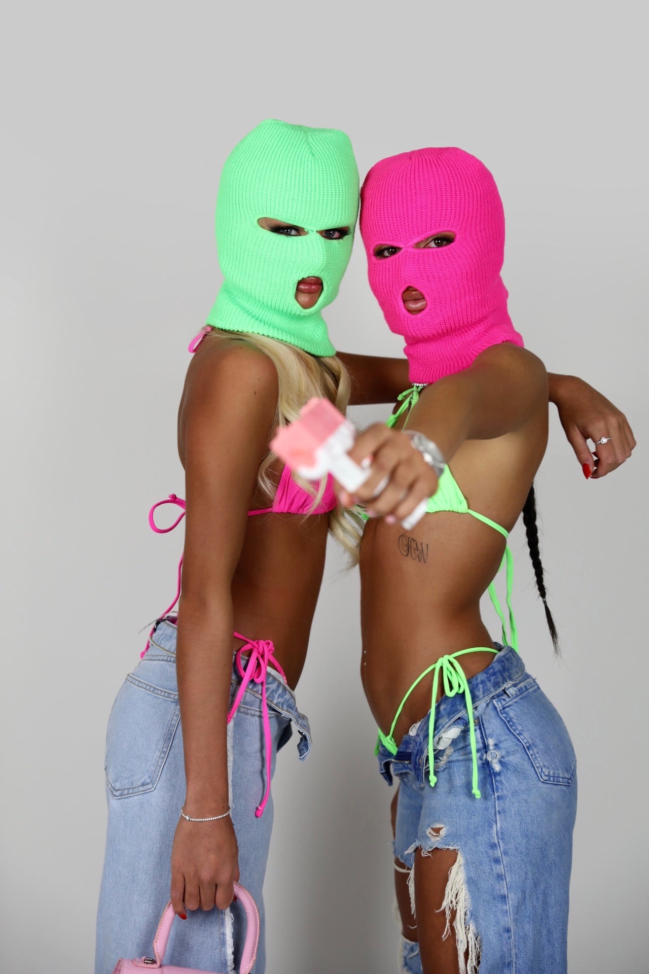 Green Balaclava and pink top