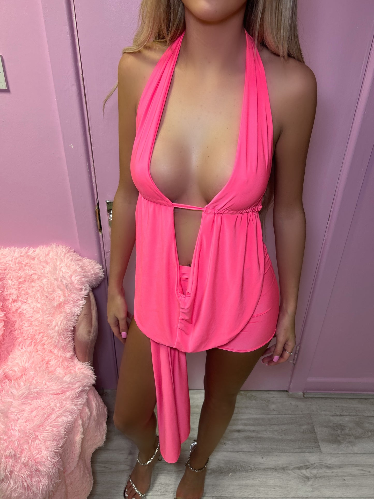 Pink Slinky Halter Neck Top & Skirt Co-ord With Tie Knot Drape Detail