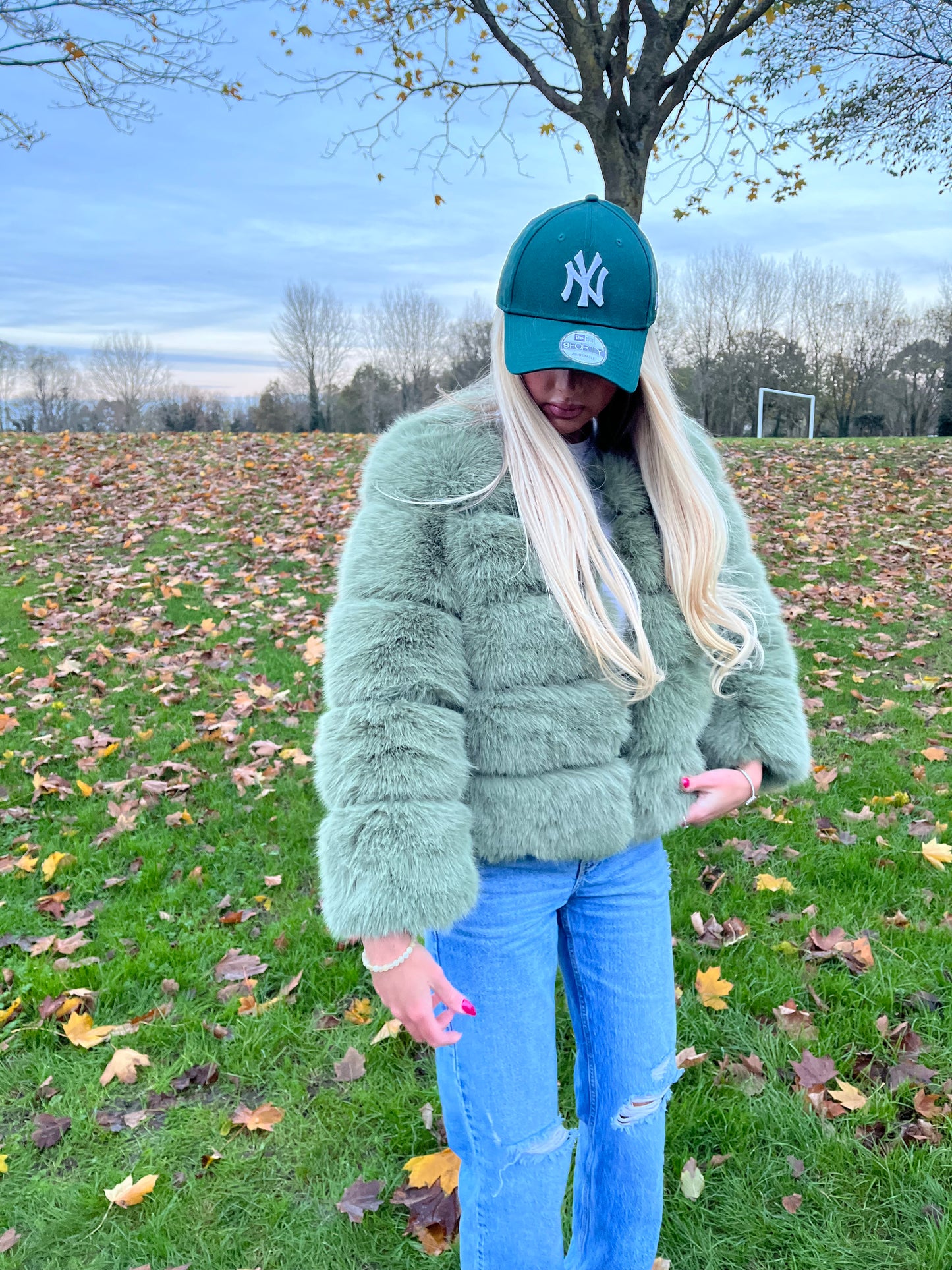 Luxury sage green 3/4 sleeve faux fur coat
