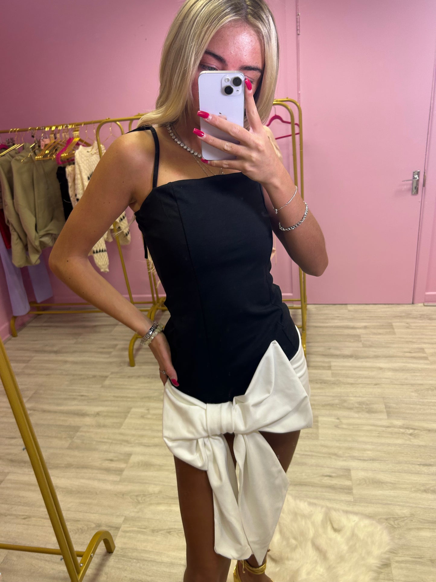 Black and white bow front mini dress