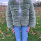 Luxury sage green 3/4 sleeve faux fur coat
