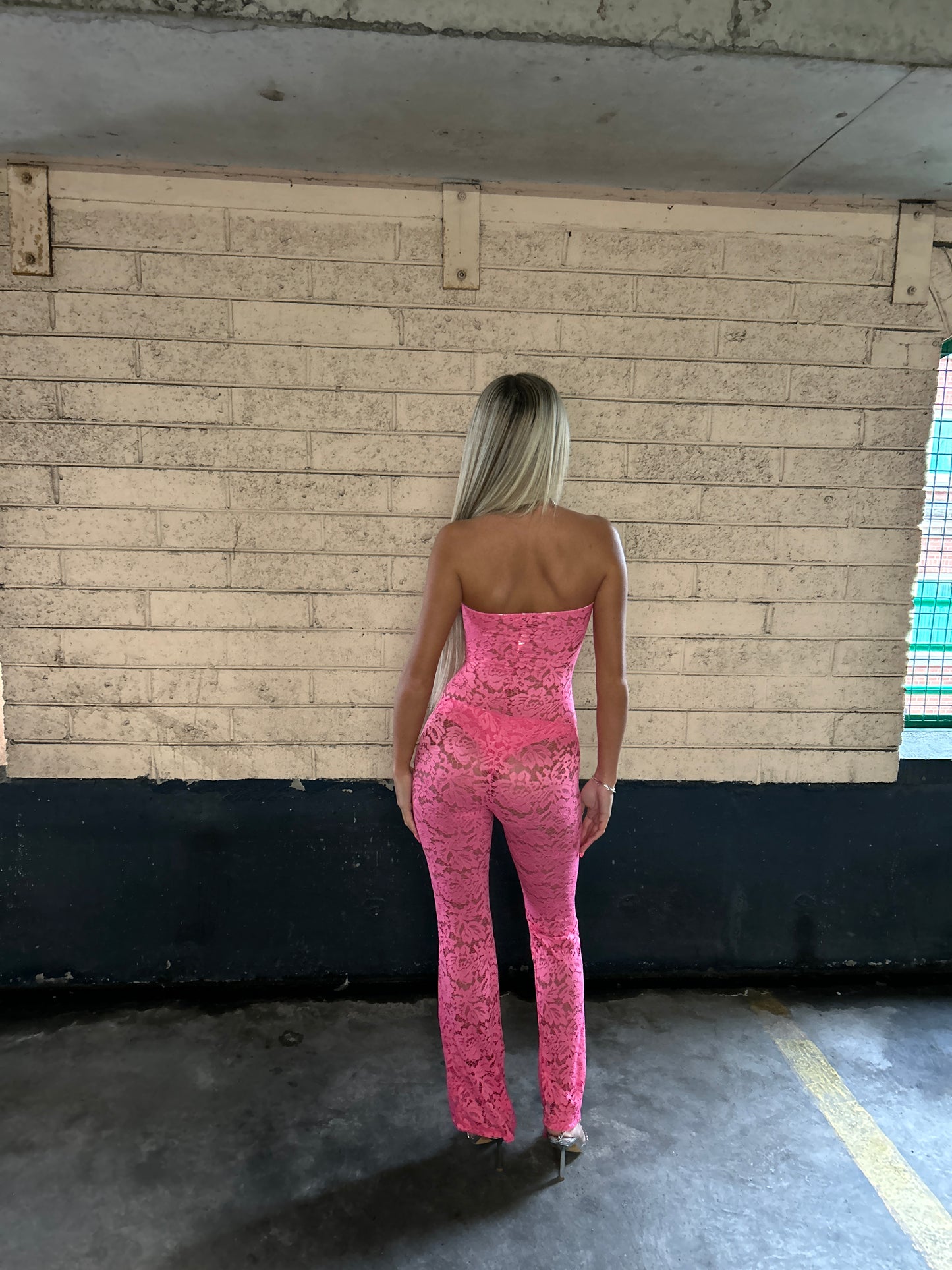 Pink lace tie front jumpsuit