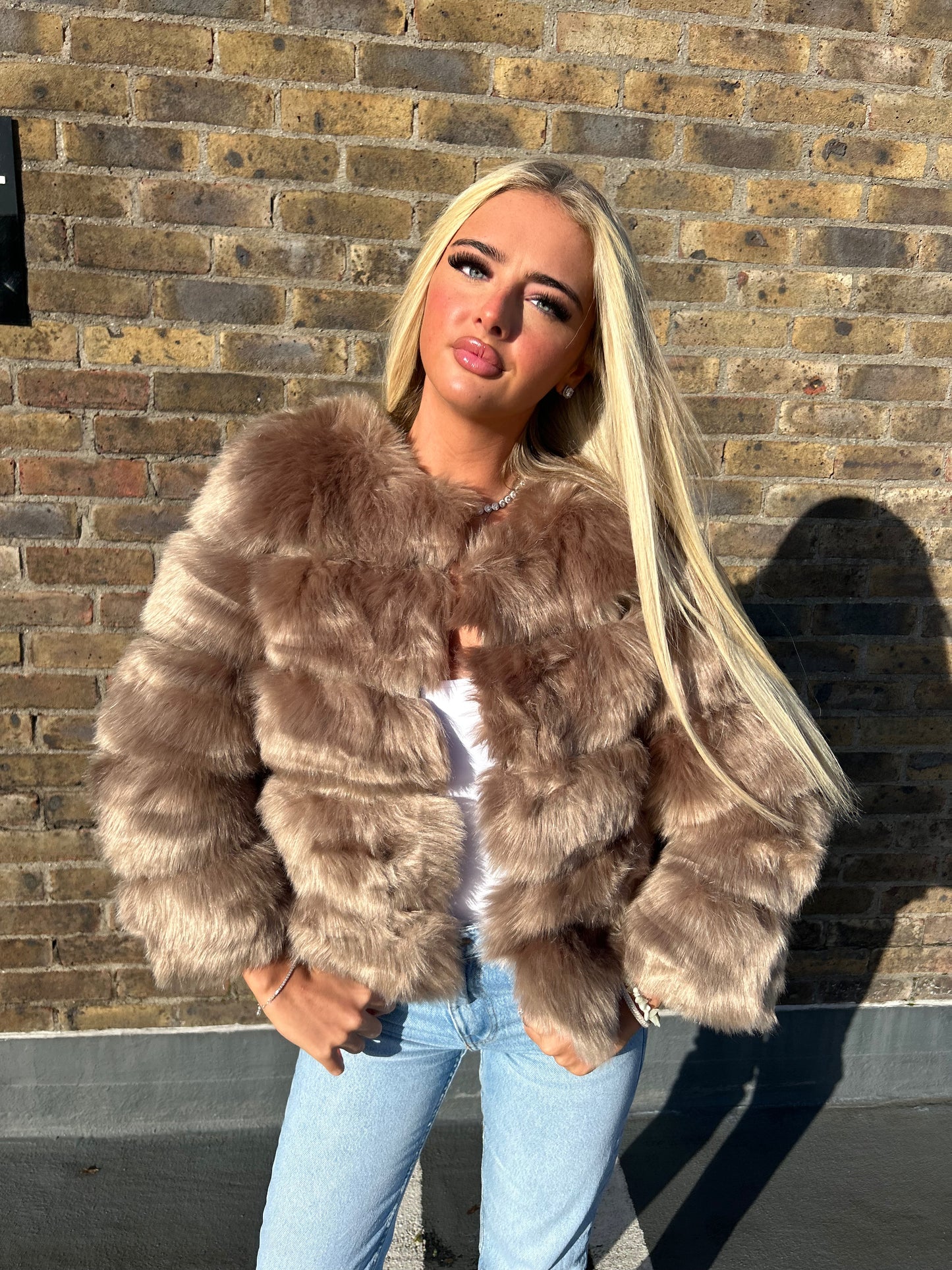 Brown faux fur 3/4 sleeve coat
