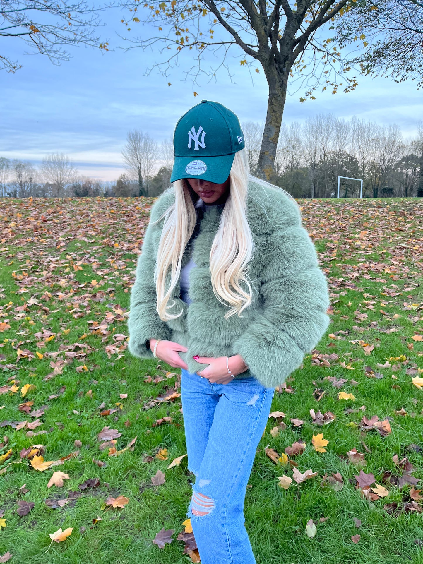 Luxury sage green 3/4 sleeve faux fur coat
