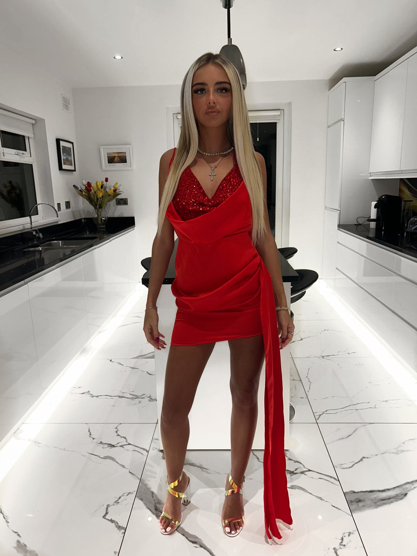 Red draped asymmetric sequins dress