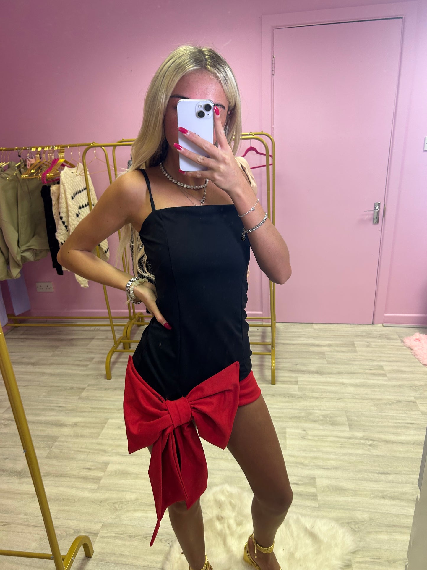 Black and red bow front mini dress