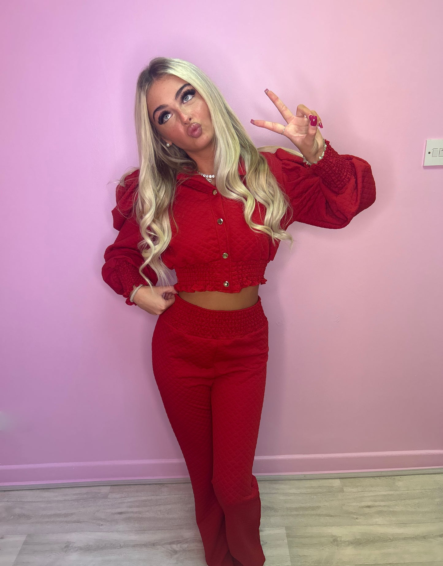 Red puff sleeve top and trousers set