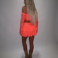LIMITED EDITION HAND MADE AND DESIGNED IN HOUSE: Coral frilly Rara skirt top and sleeves three piece