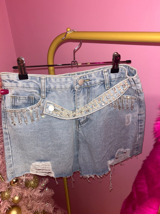 Denim pearl tassel shorts