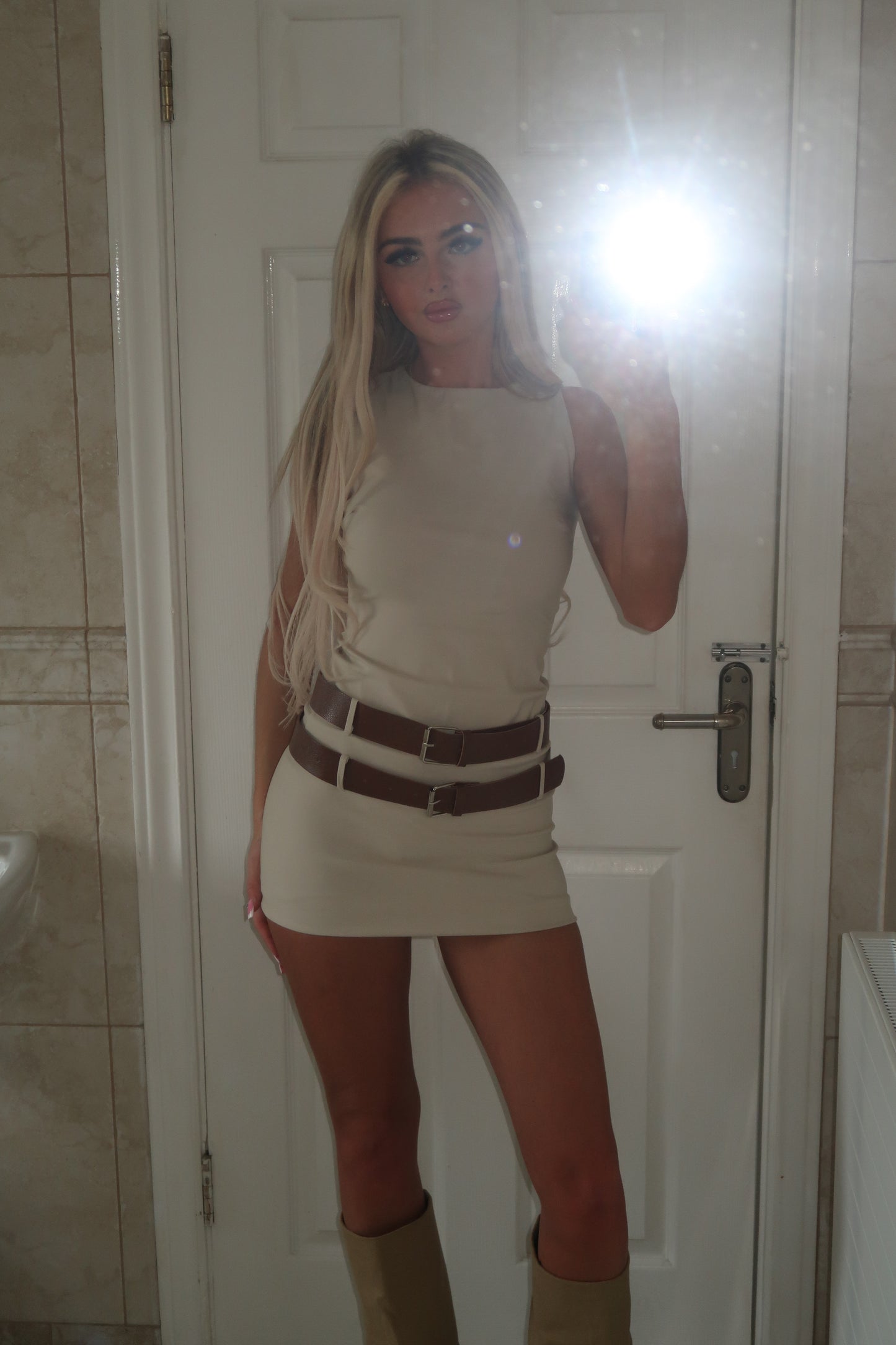 Beige Double Belted Round Neck Mini Dress