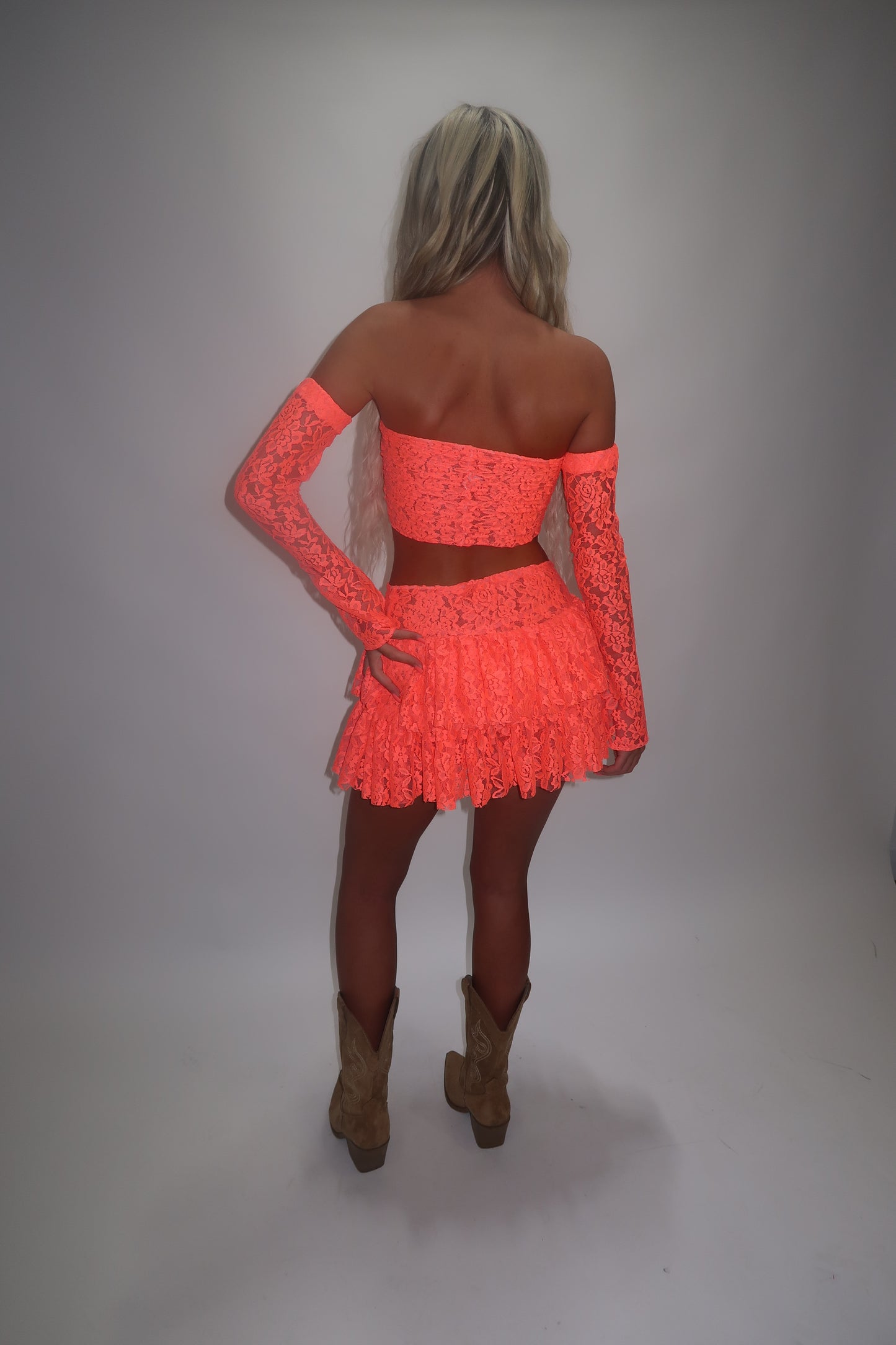 LIMITED EDITION HAND MADE AND DESIGNED IN HOUSE: Coral frilly Rara skirt top and sleeves three piece