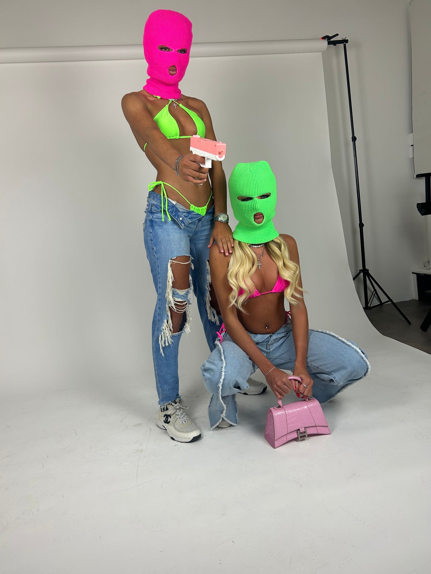 Green Balaclava and pink top