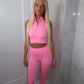 Ribbed zip front crop top and leggings in pink