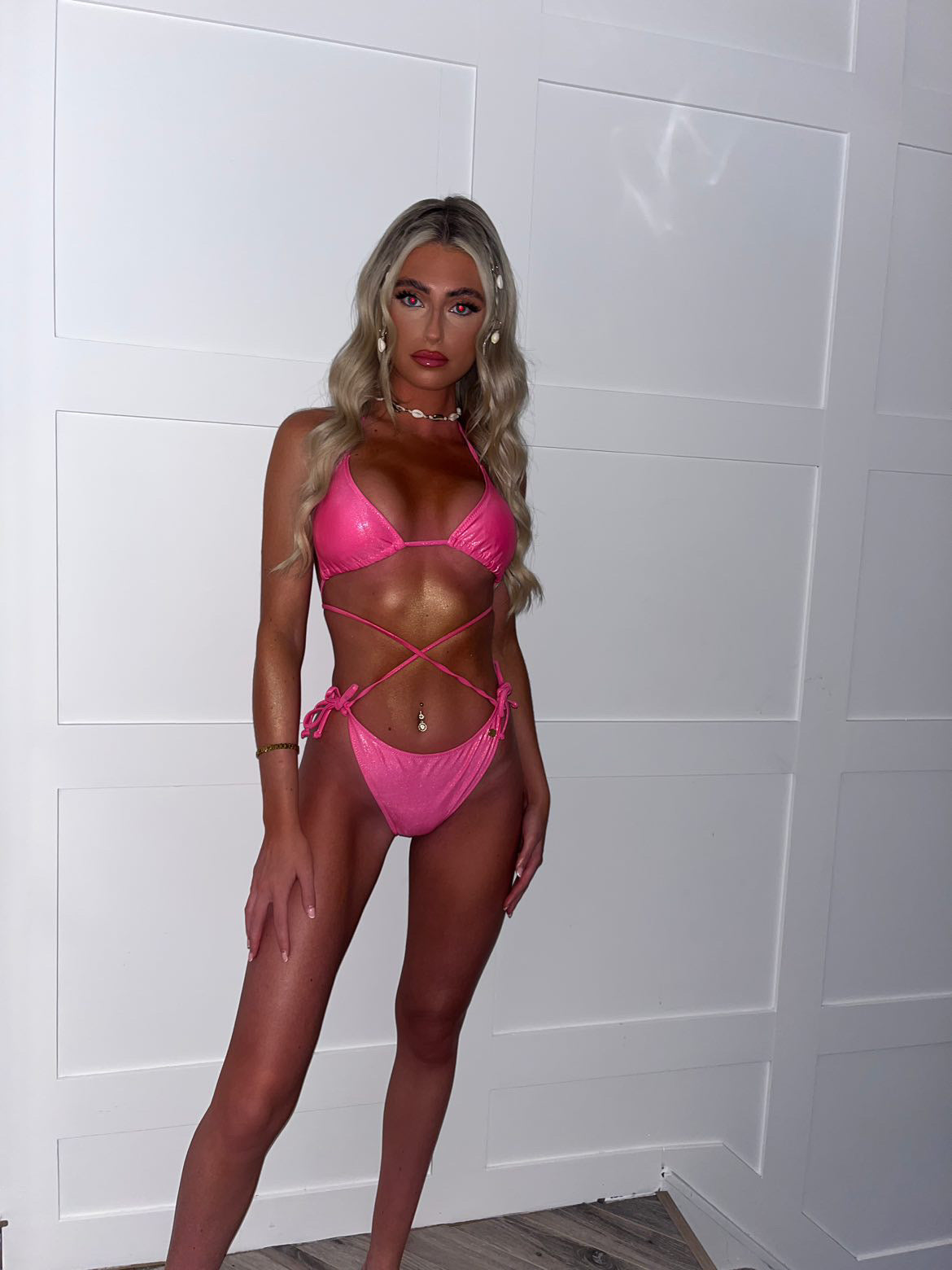 Barbie pink metallic bikini top and bottoms