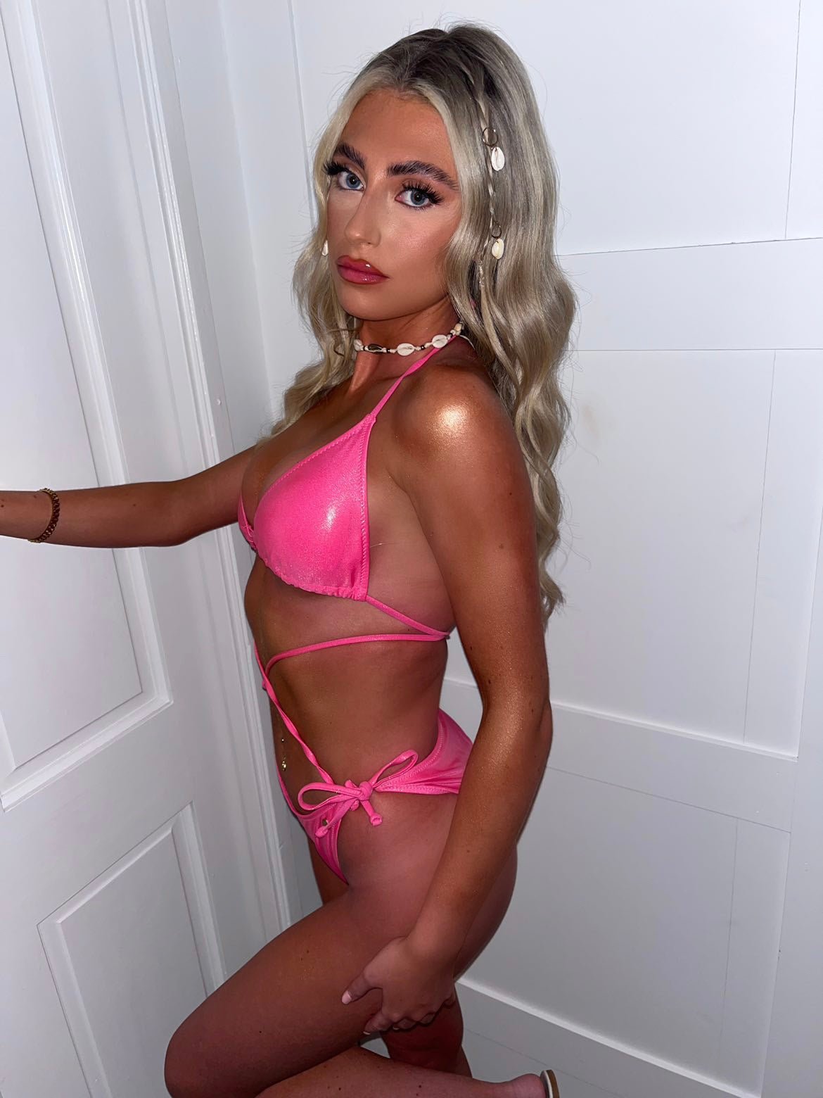Barbie pink metallic bikini top and bottoms