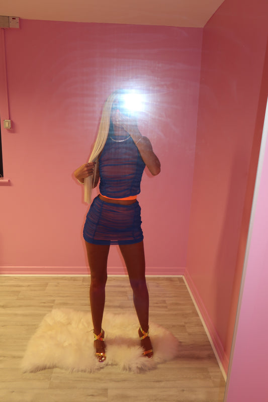 Blue and orange ruched mesh co-ord