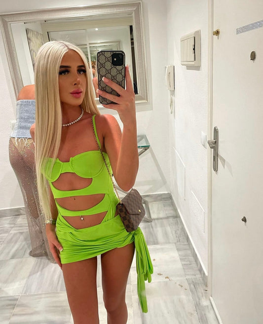 Lime cutout bodysuit and multi way skirt co-ord