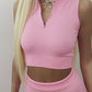 Ribbed zip front crop top and leggings in pink
