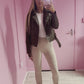 PU Brown belted biker jacket